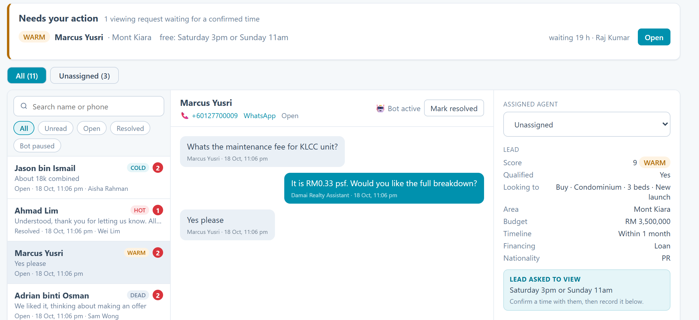 Syncron team inbox: a viewing request waiting for a confirmed time, the WhatsApp conversation, and the lead panel showing score, budget, area, timeline, financing and the lead's preferred viewing times